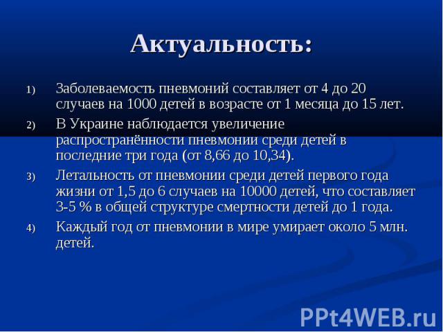 Актуальность: Заболеваемость пневмоний составляет от 4 до 20 случаев на 1000 детей в возрасте от 1 месяца до 15 лет. В Украине наблюдается увеличение распространённости пневмонии среди детей в последние три года (от 8,66 до 10,34). Летальность от пн…
