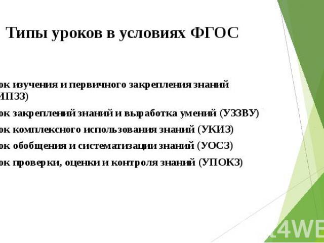 Типы уроков в условиях ФГОС Урок изучения и первичного закрепления знаний (УИПЗЗ) Урок закреплений знаний и выработка умений (УЗЗВУ) Урок комплексного использования знаний (УКИЗ) Урок обобщения и систематизации знаний (УОСЗ) Урок проверки, оценки и …