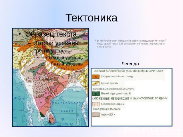Тектоника В тектоническом отношении равнина представляет собой предгорный прогиб. В основании её лежит Индостанская платформа.