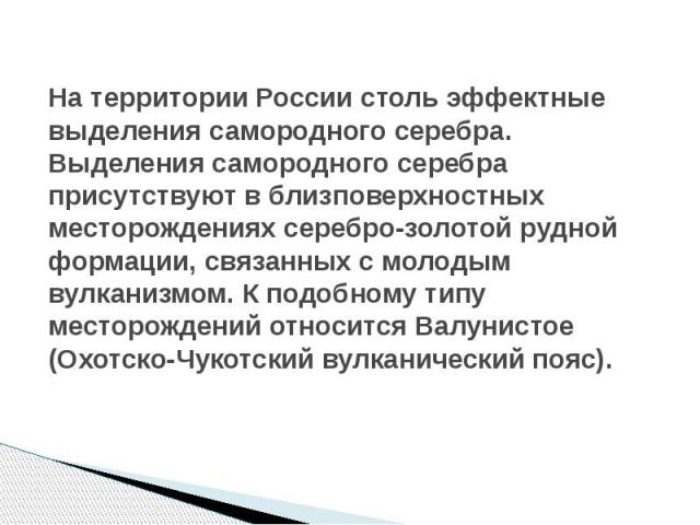 На территории России столь эффектные выделения самородного серебра. Выделения самородного серебра присутствуют в близповерхностных месторождениях серебро-золотой рудной формации, связанных с молодым вулканизмом. К подобному типу месторождений относи…