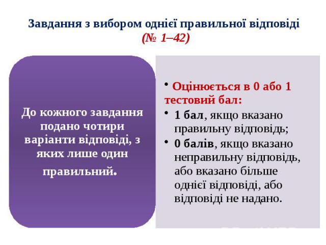 Завдання з вибором однієї правильної відповіді (№ 1–42)