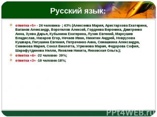 отметка «5» - 24 человека- ; 43% (Алексеева Мария, Аристархова Екатерина, Вагано