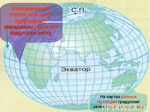 Нанесённые на глобус или карту параллели и меридианы образуют градусную сетку.На