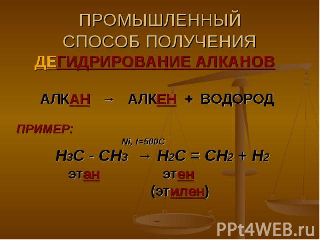 ПРОМЫШЛЕННЫЙСПОСОБ ПОЛУЧЕНИЯ ДЕГИДРИРОВАНИЕ АЛКАНОВ АЛКАН → АЛКЕН + ВОДОРОДПРИМЕР: Ni, t=500C Н3С - СН3 → Н2С = СН2 + Н2 этан этен (этилен)