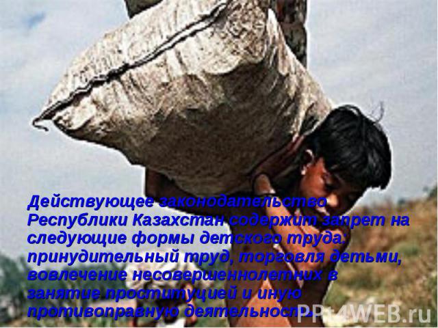 Действующее законодательство Республики Казахстан содержит запрет на следующие формы детского труда: принудительный труд, торговля детьми, вовлечение несовершеннолетних в занятие проституцией и иную противоправную деятельность.