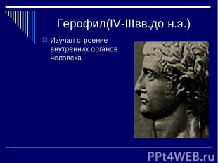 Герофил(IV-IIIвв.до н.э.) Изучал строение внутренних органов человека