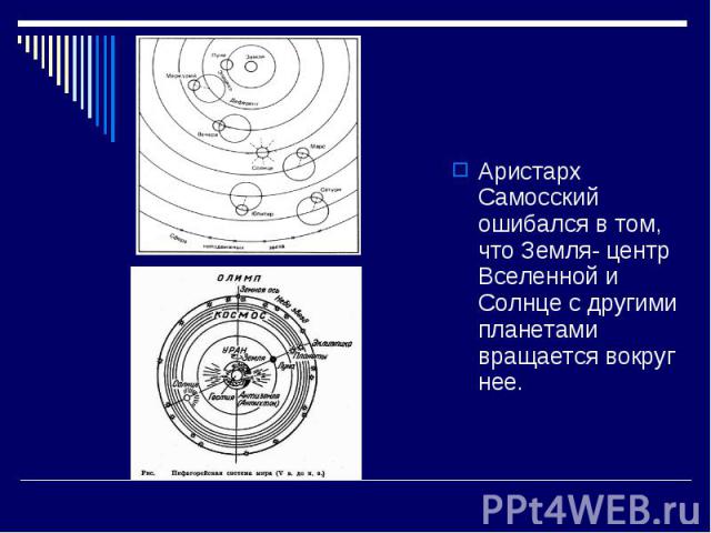 Аристарх Самосский ошибался в том, что Земля- центр Вселенной и Солнце с другими планетами вращается вокруг нее.