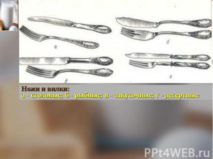 Ножи и вилки:а - столовые; б - рыбные; в - закусочные; г - десертные