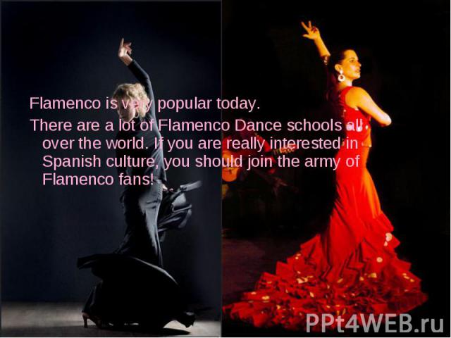 Flamenco is very popular today.There are a lot of Flamenco Dance schools all over the world. If you are really interested in Spanish culture, you should join the army of Flamenco fans!