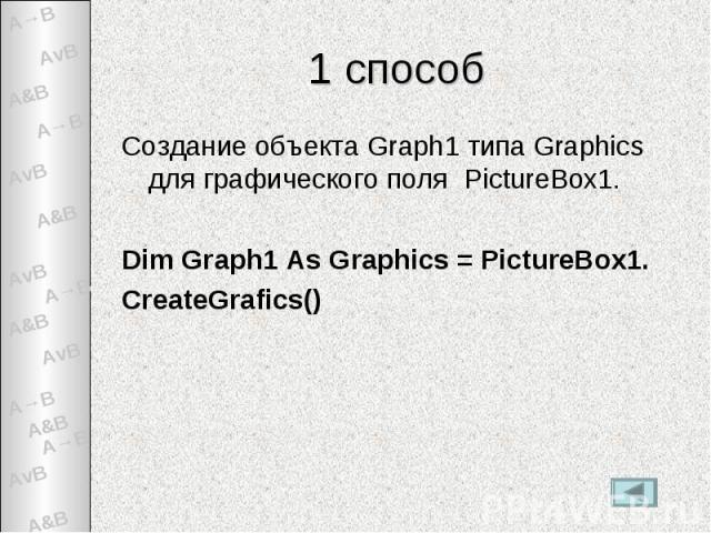 1 способ Создание объекта Graph1 типа Graphics для графического поля PictureBox1.Dim Graph1 As Graphics = PictureBox1.CreateGrafics()