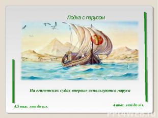 Лодка с парусомНа египетских судах впервые используются паруса4,5 тыс. лет до н.