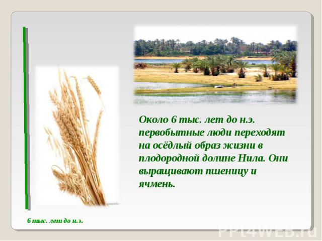 Около 6 тыс. лет до н.э. первобытные люди переходят на осёдлый образ жизни в плодородной долине Нила. Они выращивают пшеницу и ячмень.