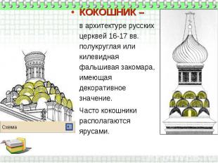 КОКОШНИК – в архитектуре русских церквей 16-17 вв. полукруглая или килевидная фа