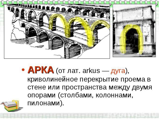 АРКА (от лат. arkus — дуга), криволинейное перекрытие проема в стене или пространства между двумя опорами (столбами, колоннами, пилонами).