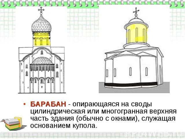 БАРАБАН - опирающаяся на своды цилиндрическая или многогранная верхняя часть здания (обычно с окнами), служащая основанием купола.