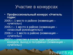 Участие в конкурсах Профессиональный конкурс «Учитель года»:2005 г.-1 место в ра