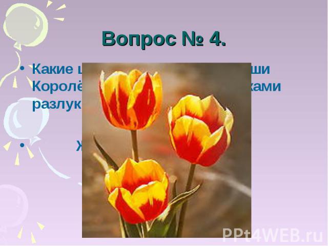 Вопрос № 4. Какие цветы, по мнению Наташи Королёвой, являются вестниками разлуки? Жёлтые тюльпаны.