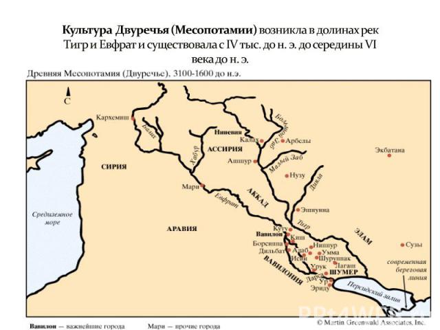 Культура Двуречья (Месопотамии) возникла в долинах рек Тигр и Евфрат и существовала с IV тыс. до н. э. до середины VI века до н. э.