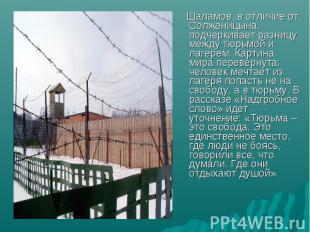 Шаламов, в отличие от Солженицына, подчеркивает разницу между тюрьмой и лагерем.