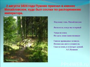 2 августа 1824 года Пушкин приехал в имение Михайловское, куда был сослан по рас