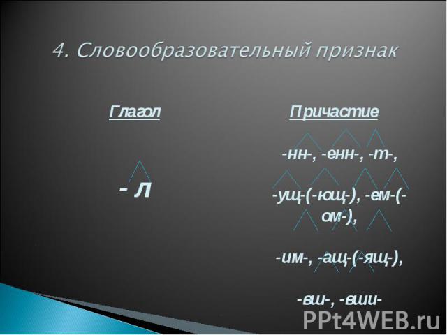 4. Словообразовательный признак Глагол- л Причастие-нн-, -енн-, -т-,-ущ-(-ющ-), -ем-(-ом-),-им-, -ащ-(-ящ-),-вш-, -вши-