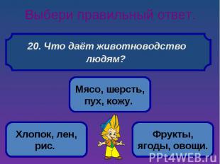 Выбери правильный ответ. 20. Что даёт животноводство людям?