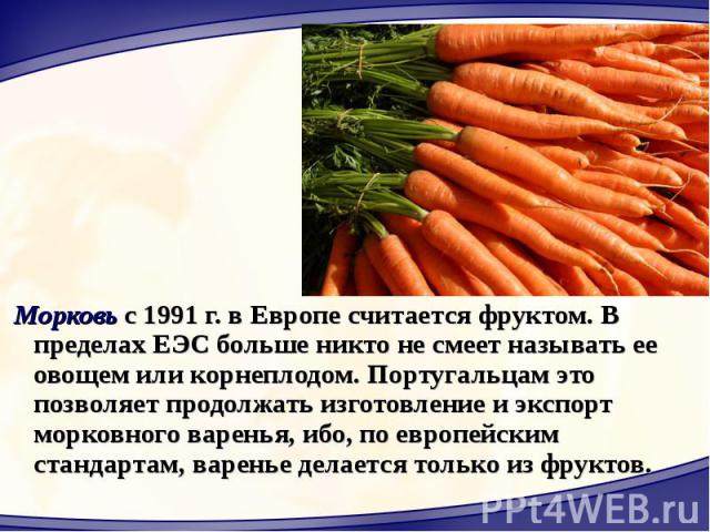 Морковь с 1991 г. в Европе считается фруктом. В пределах ЕЭС больше никто не смеет называть ее овощем или корнеплодом. Португальцам это позволяет продолжать изготовление и экспорт морковного варенья, ибо, по европейским стандартам, варенье делается …