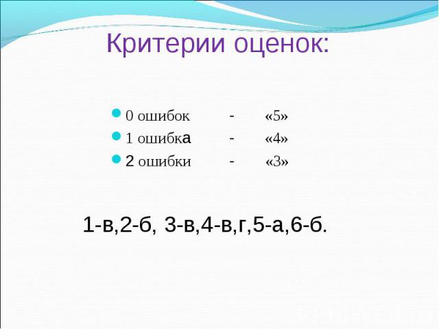 Критерии оценок: 0 ошибок - «5»1 ошибка - «4»2 ошибки - «3»1-в,2-б, 3-в,4-в,г,5-а,6-б.