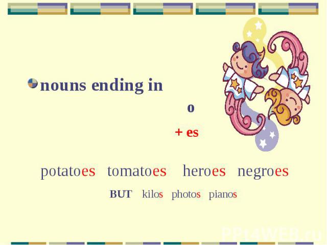 nouns ending in o+ espotatoes tomatoes heroes negroesBUT kilos photos pianos
