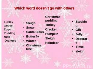 Which word doesn’t go with others TurkeyGooseEggsPuddingNuts OrangesSleighSnowSa
