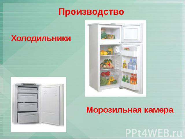 Производство Холодильники Морозильная камера