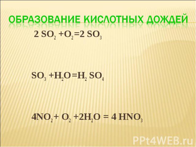 Образование кислотных дождей 2 SO2 +O2 =2 SO3 SO3 +H2O =H2 SO4 4NO2 + O2 +2H2O = 4 HNO3
