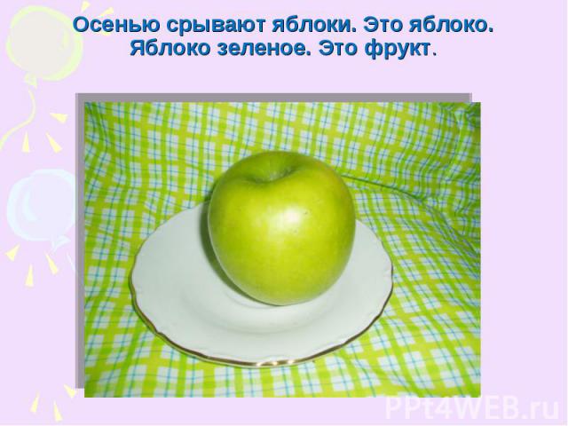 Осенью срывают яблоки. Это яблоко. Яблоко зеленое. Это фрукт.