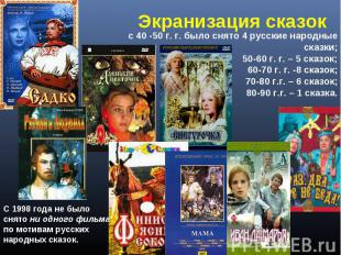 Экранизация сказок: с 40 -50 г. г. было снято 4 русские народные сказки; 50-60 г