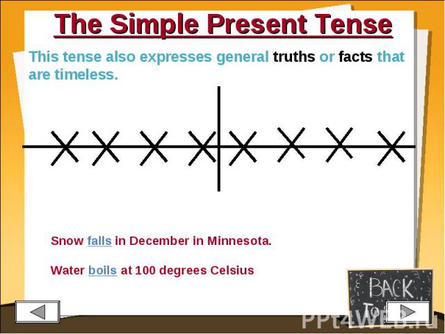 The Simple Present Tense This tense also expresses general truths or facts that are timeless. Snow falls in December in Minnesota.Water boils at 100 degrees Celsius