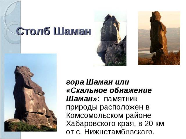 Столб Шаман гора Шаман или «Скальное обнажение Шаман»: памятник природы расположен в Комсомольском районе Хабаровского края, в 20 км от с. Нижнетамбовского.