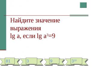 Найдите значение выраженияlg a, если lg a3=9