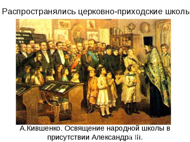 Распространялись церковно-приходские школы А.Кившенко. Освящение народной школы в присутствии Александра III.