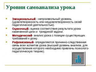 Уровни самоанализа урока Эмоциональный - непроизвольный уровень, (удовлетворенно