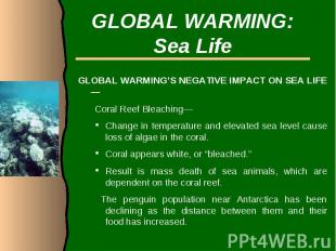 GLOBAL WARMING:Sea LifeGLOBAL WARMING’S NEGATIVE IMPACT ON SEA LIFE—Coral Reef B