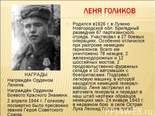 Родился в1926 г. в Лукино Новгородской обл. Бригадный разведчик 67 партизанского