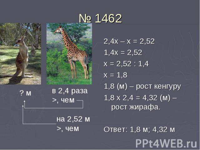 № 1462 2,4х – х = 2,52 1,4х = 2,52 х = 2,52 : 1,4 х = 1,8 1,8 (м) – рост кенгуру 1,8 х 2,4 = 4,32 (м) – рост жирафа. Ответ: 1,8 м; 4,32 м