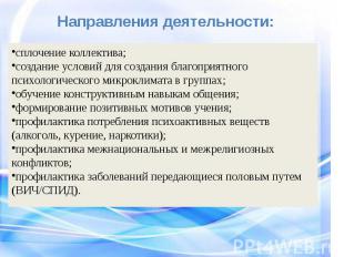 Направления деятельности: сплочение коллектива; создание условий для создания бл