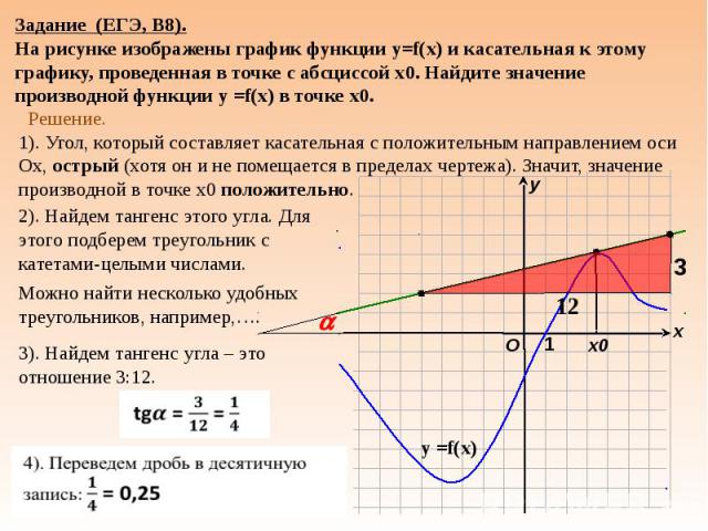 Задание (ЕГЭ, В8).На рисунке изображены график функции у=f(x) и касательная к этому графику, проведенная в точке с абсциссой х0. Найдите значение производной функции у =f(x) в точке х0. Решение.1). Угол, который составляет касательная с положительны…