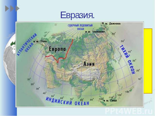 Евразия.Это самый большойматерик на Земле.Евразия так велика, что её делят на две части света – Европу и Азию.