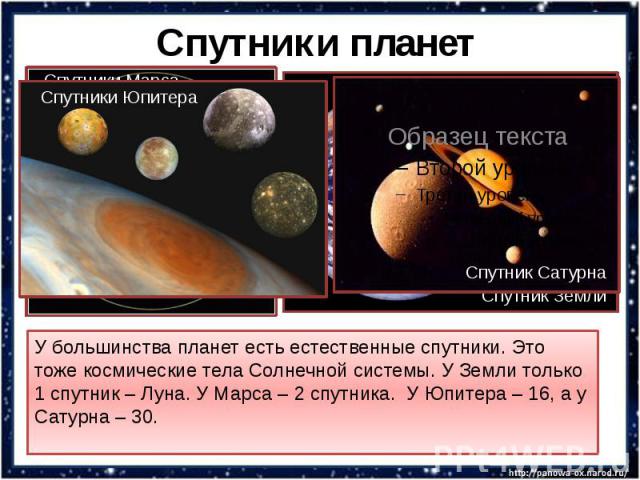 Спутники планет У большинства планет есть естественные спутники. Это тоже космические тела Солнечной системы. У Земли только 1 спутник – Луна. У Марса – 2 спутника. У Юпитера – 16, а у Сатурна – 30.