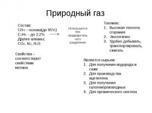 Природный газ Состав:СН4 – основа(до 95%)С2Н6 – до 2,2%Другие алканы;СО2, N2, H2