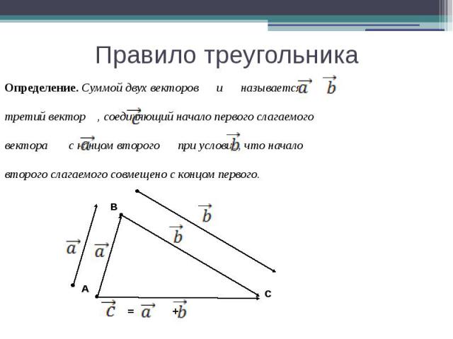 Правило треугольника Определение. Суммой двух векторов и называетсятретий вектор , соединяющий начало первого слагаемоговектора с концом второго при условии, что начало второго слагаемого совмещено с концом первого.