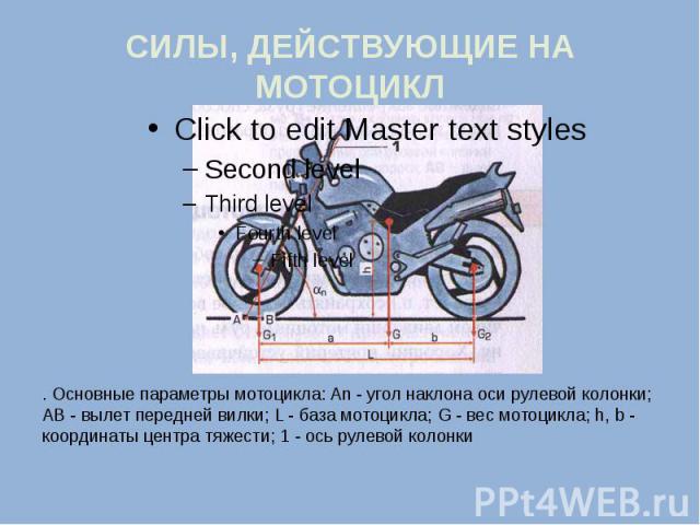 СИЛЫ, ДЕЙСТВУЮЩИЕ НА МОТОЦИКЛ . Основные параметры мотоцикла: An - угол наклона оси рулевой колонки; АВ - вылет передней вилки; L - база мотоцикла; G - вес мотоцикла; h, b - координаты центра тяжести; 1 - ось рулевой колонки