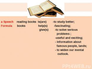 a Speech reading books is(are) -to study better;Formula books help(s) -fascinati